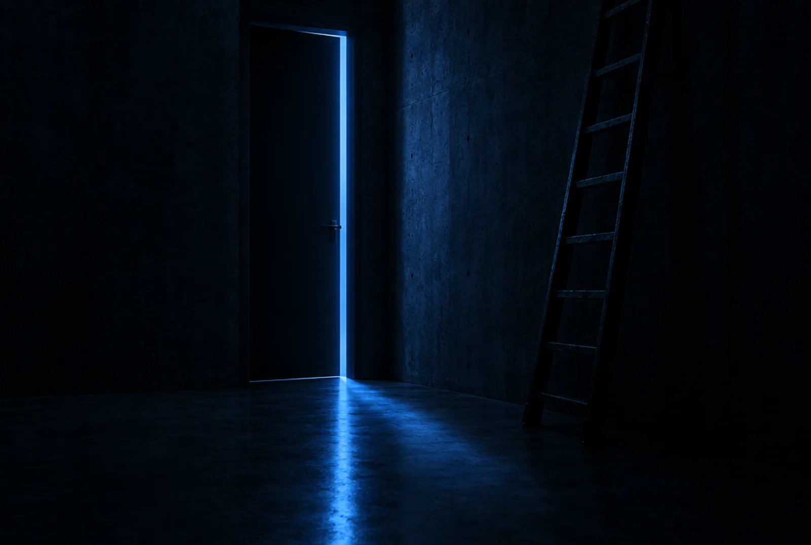 A dark concrete corridor: a door left slightly open lets in a thin line of blue light, a ladder leaning on the wall beside it.
