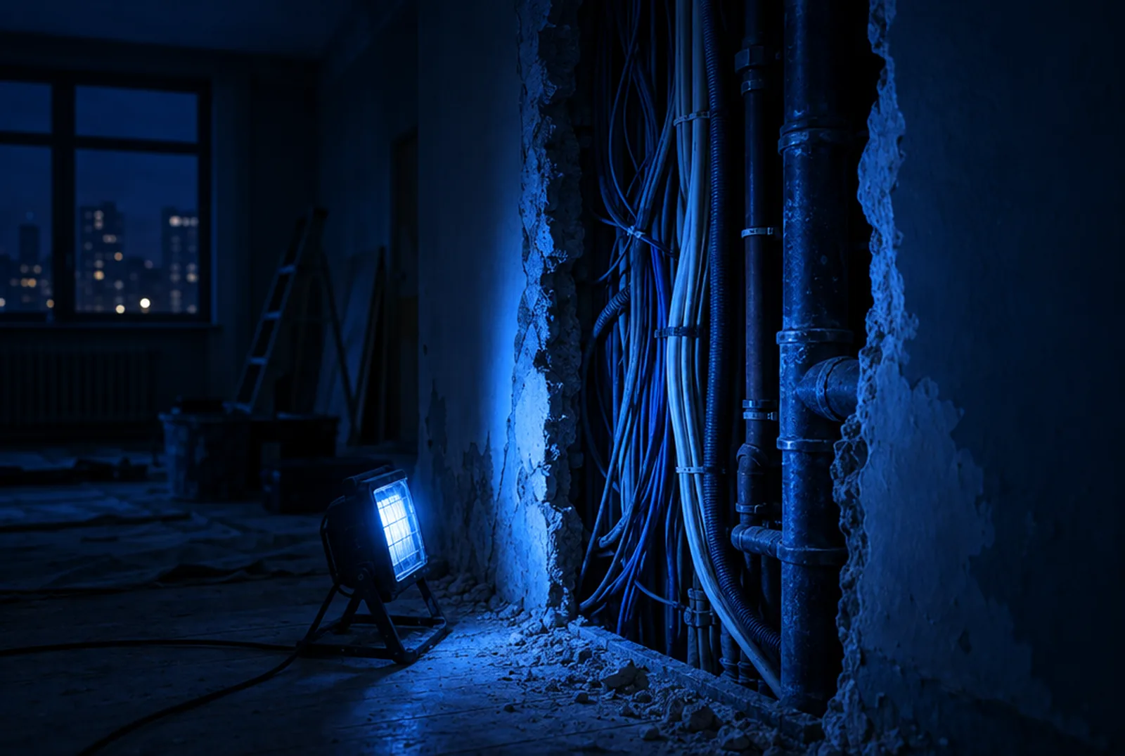 Un apartament în renovare, noaptea: un perete deschis arată mănunchiuri de cabluri și țevi, luminate de o lampă de lucru albastră.