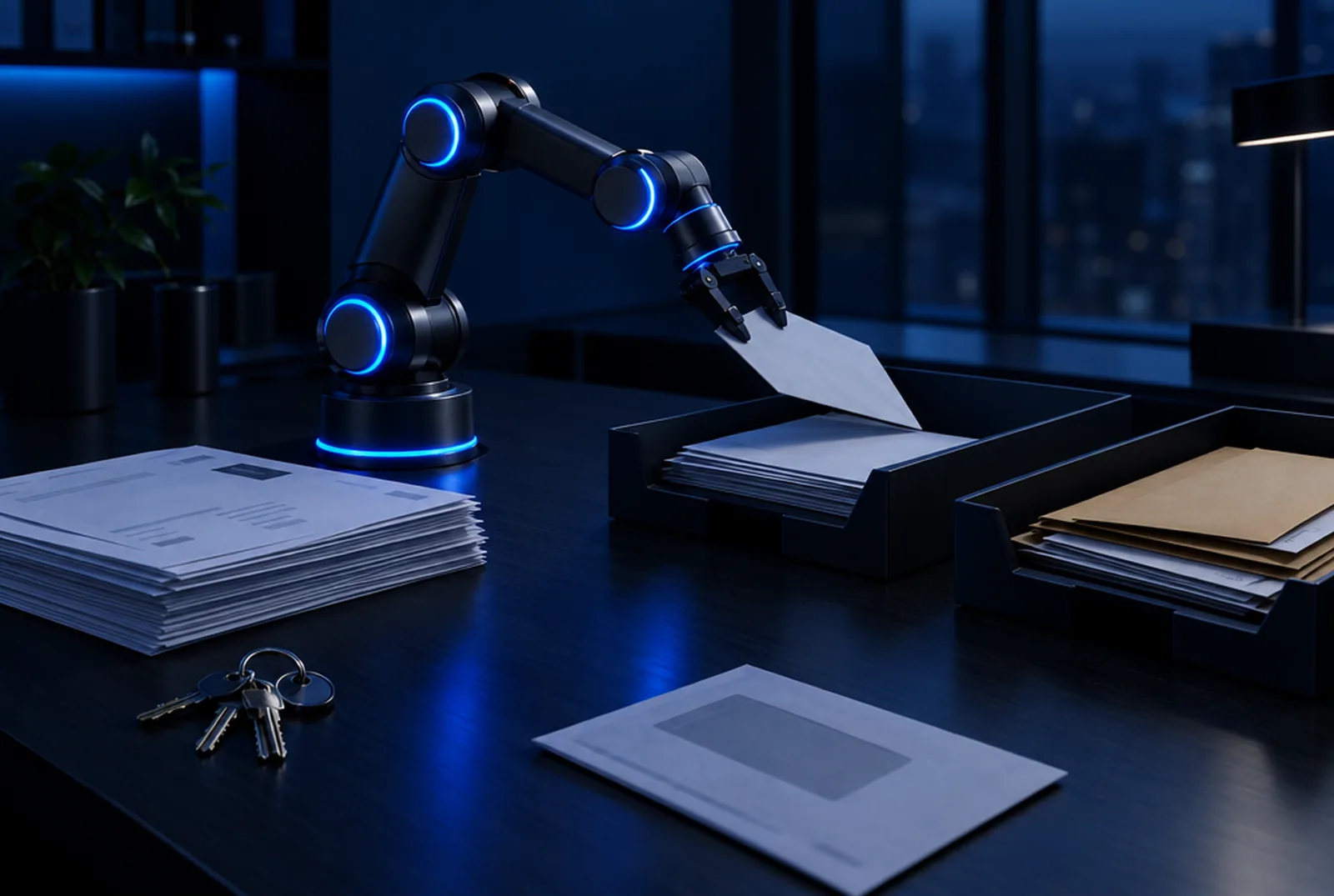 Un braț robotic mic, cu articulații luminate în albastru, care sortează plicuri în tăvi pe un birou, noaptea, lângă o legătură de chei.