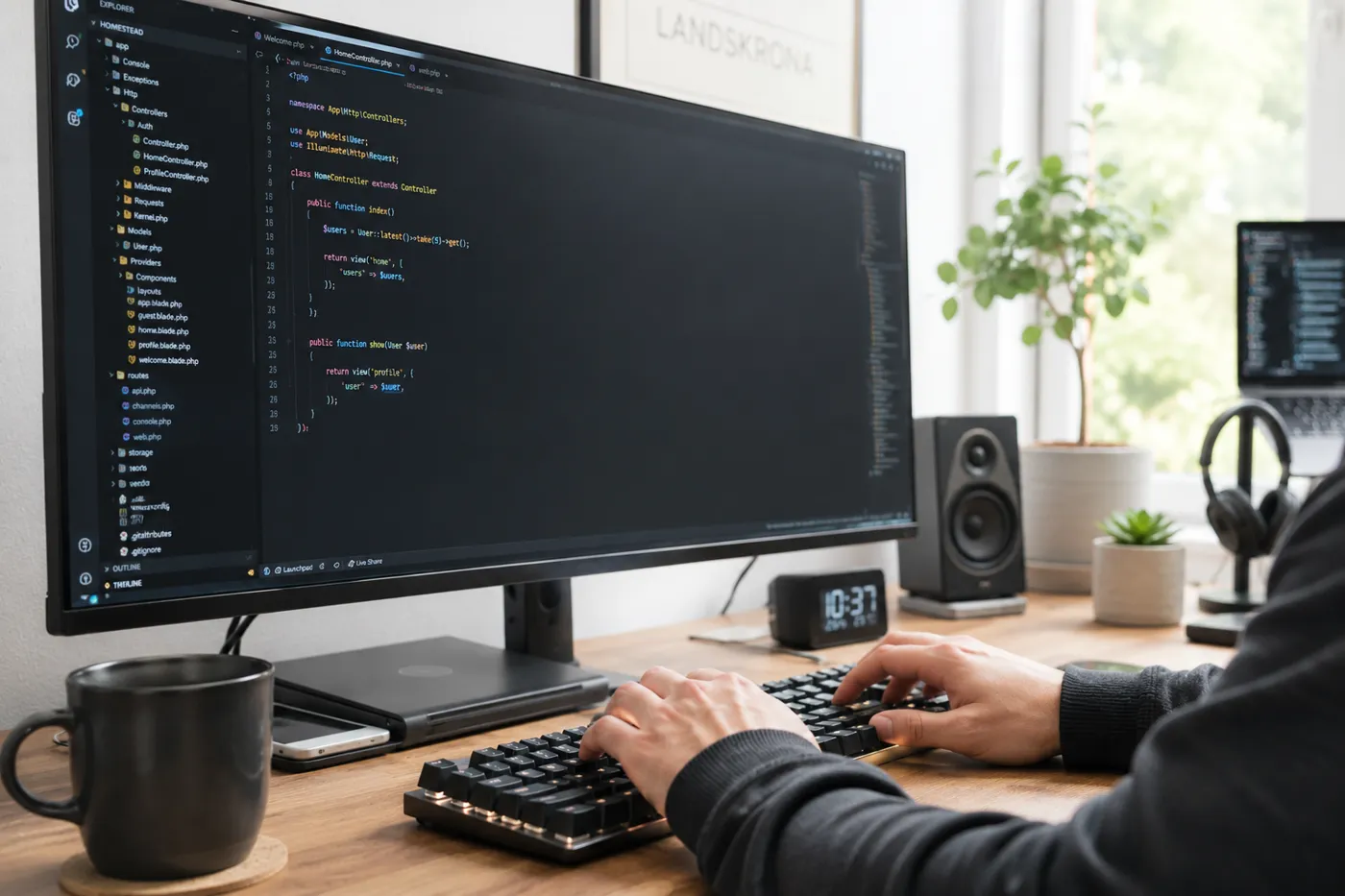 Code on a developer's monitor with hands on the keyboard