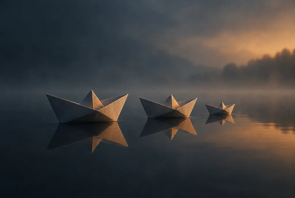 Three paper boats on still water, the last one smaller but folded the same way.