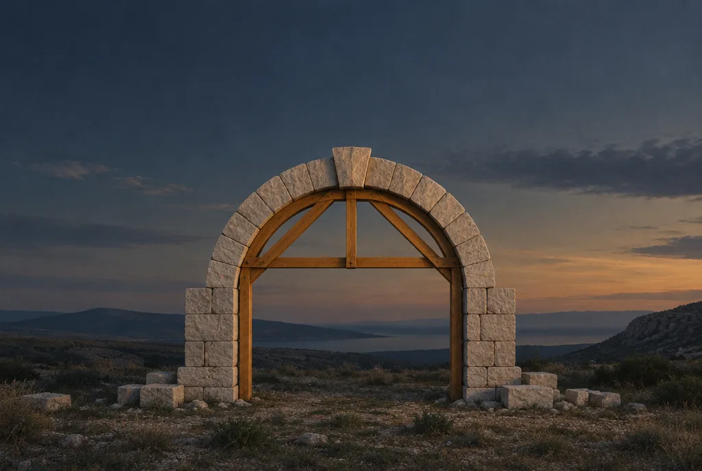 Un arc de piatră susținut de o schelă de lemn până la montarea cheii de boltă.