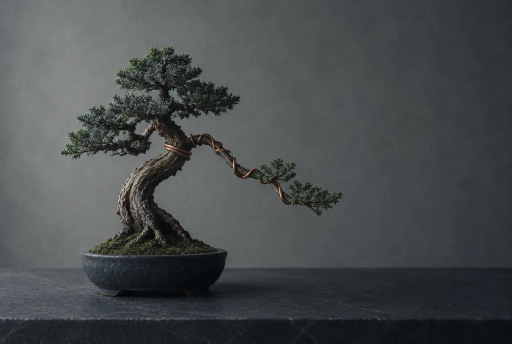 Un bonsai cu sârmă de cupru care conduce o ramură într-o formă nouă.