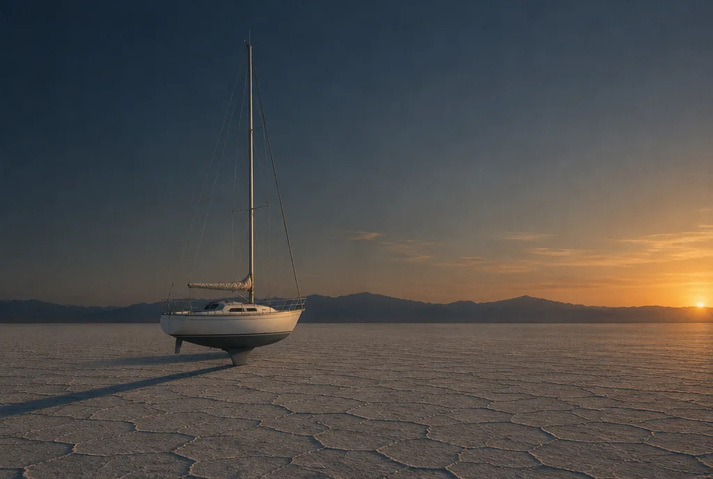 A white sailboat standing on a dry salt flat, far from any water.