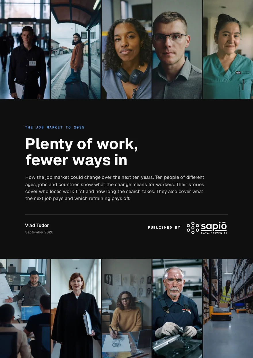 Cover of the report Plenty of work, fewer ways in: ten portraits of workers above and below the title, author Vlad Tudor, published by Sapio AI