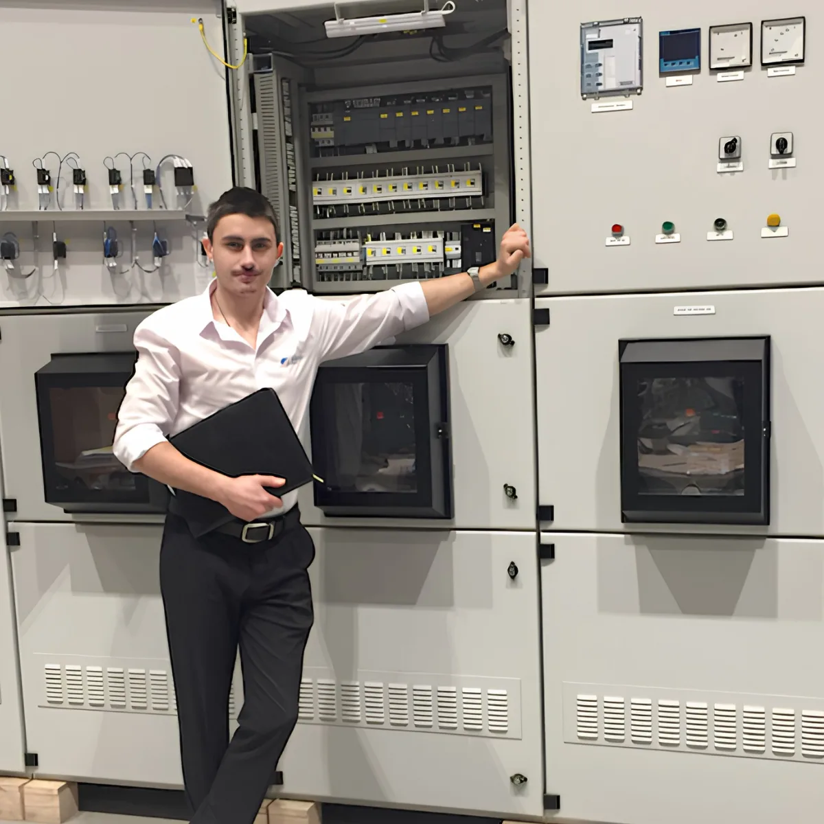 In front of a wall of electrical control panels at a factory.