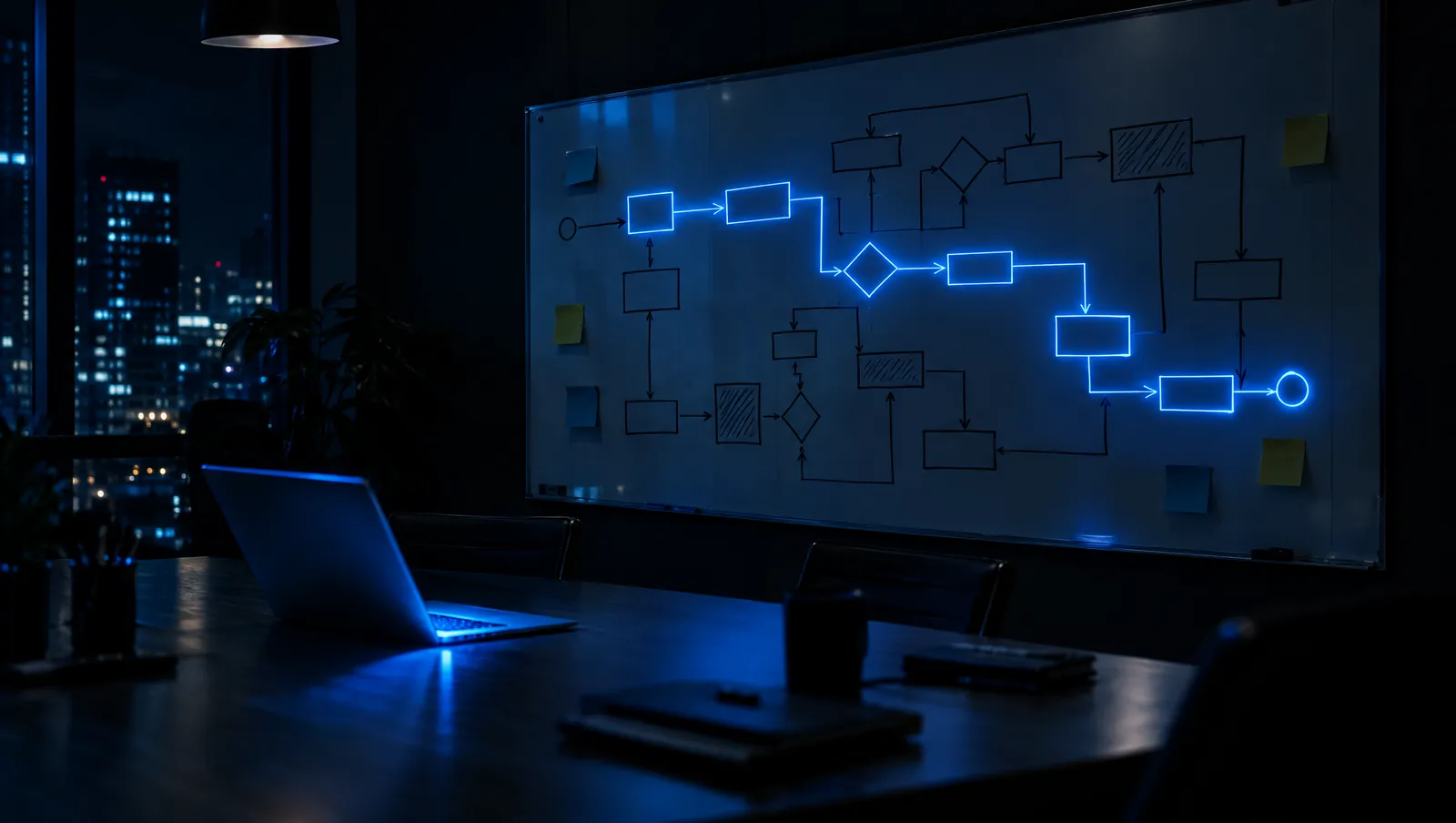 Un birou întunecat, cu o diagramă de proces desenată pe un perete de sticlă și un laptop deschis