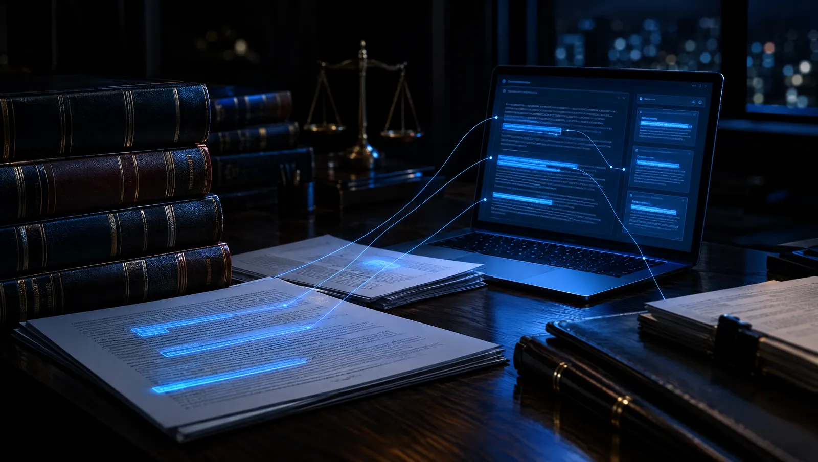 Un birou de avocatură noaptea, coduri juridice și un laptop
