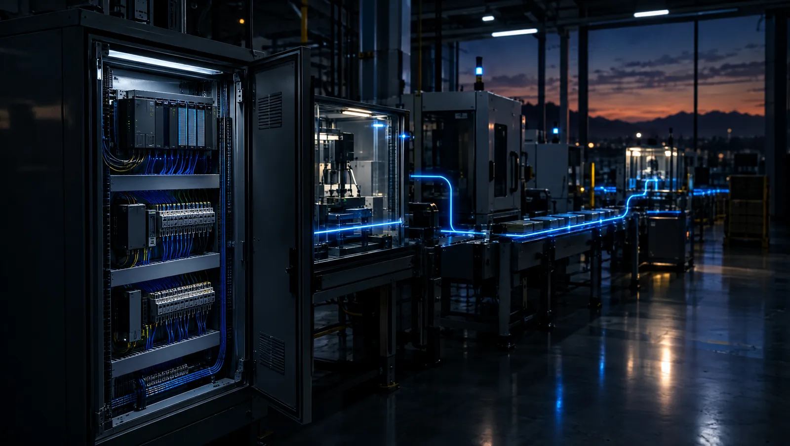 O hală de producție la apus, un dulap de automatizare deschis și o linie de producție