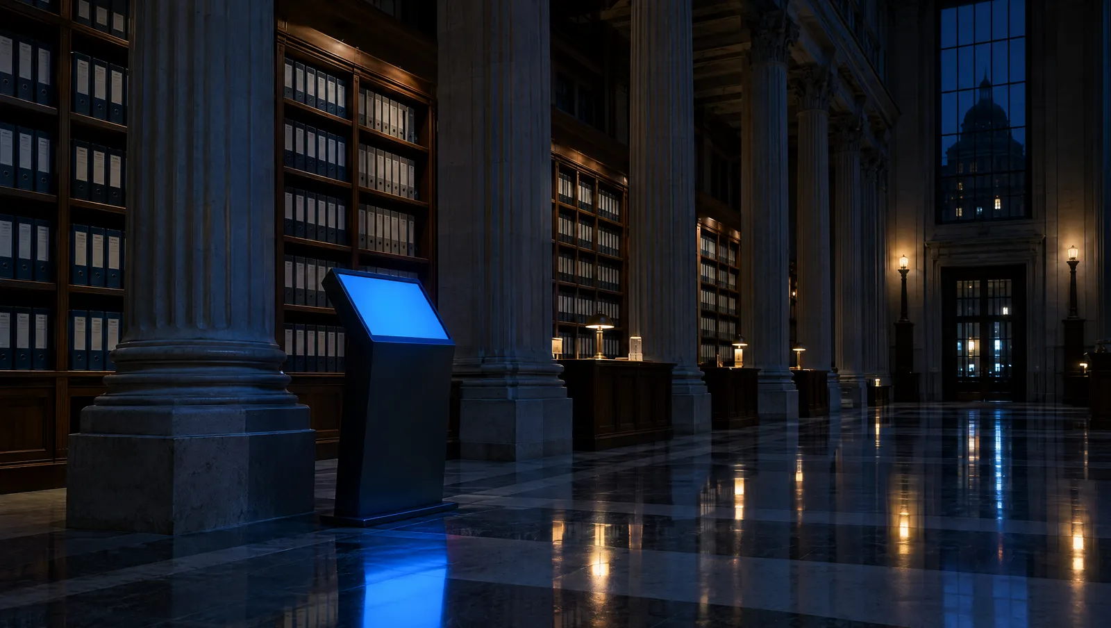 Holul unei biblioteci publice noaptea, cu un terminal de informații